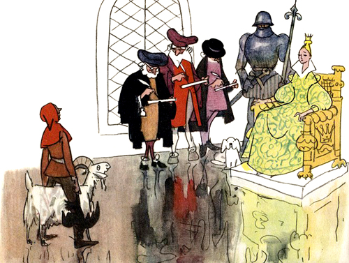 Ганс-Чурбан и коза в тронном зале перед принцессой